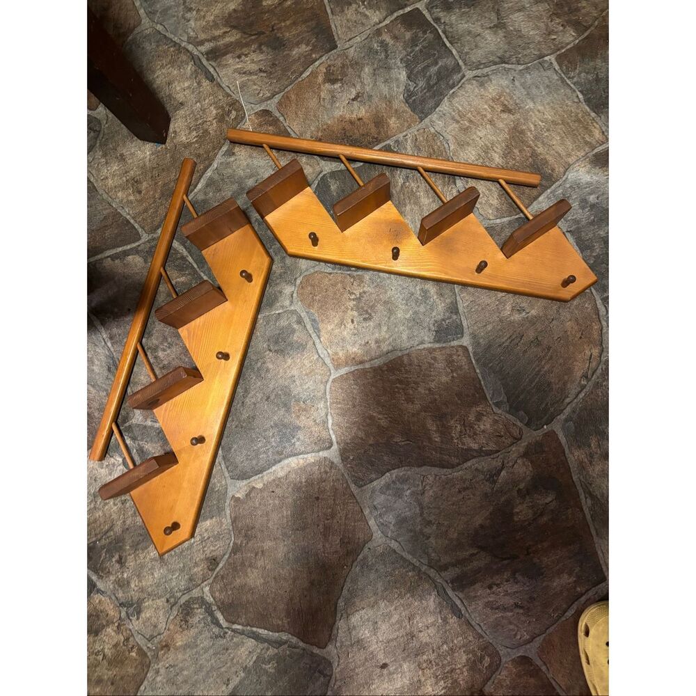 Vintage Wooden Accordion Wall Coat Rack Expandable Peg Rack Mid Century Set of 2